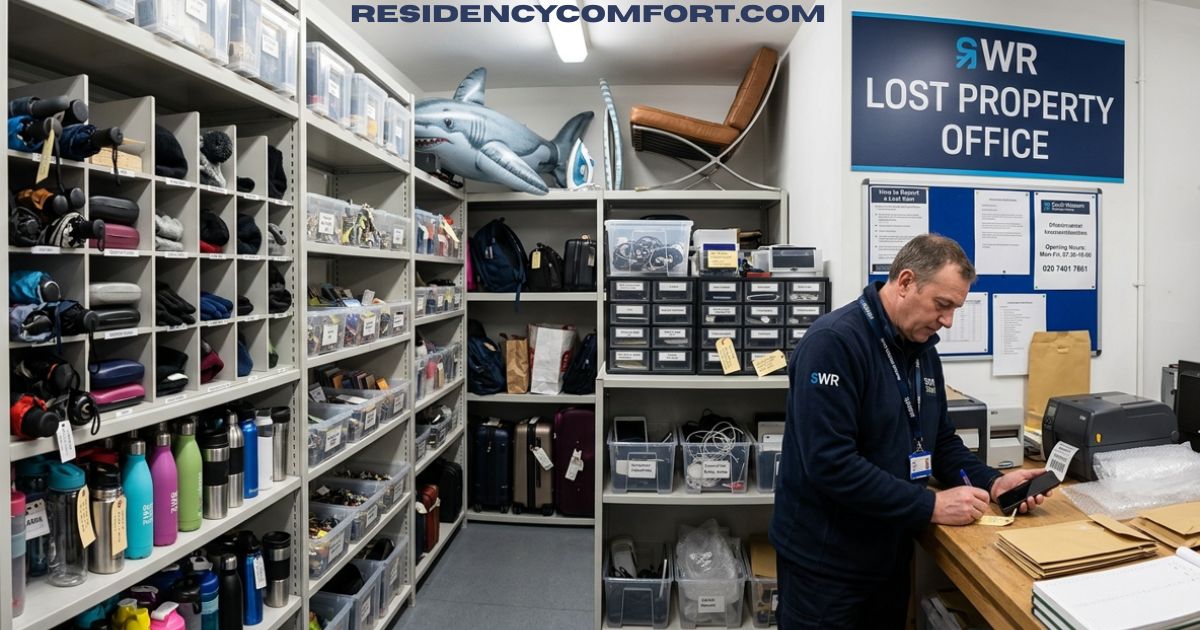 SWR lost property office with shelves of recovered belongings, including bottles, bags, umbrellas, electronics, and luggage, while a staff member processes items.