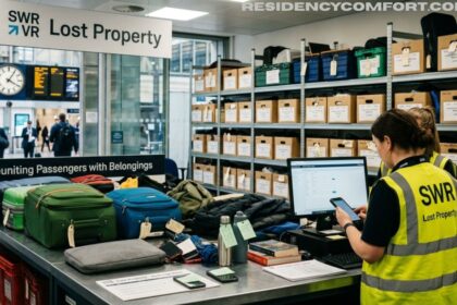 SWR Lost Property staff member managing lost luggage and passenger belongings at a train station lost property office.