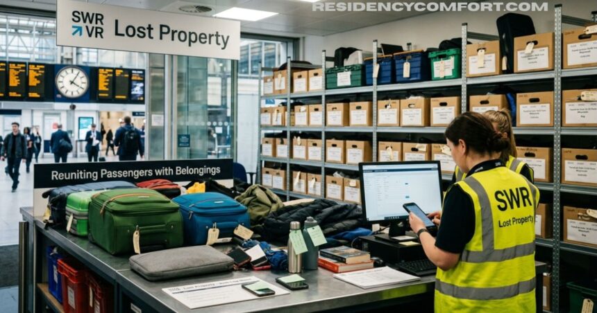 SWR Lost Property staff member managing lost luggage and passenger belongings at a train station lost property office.