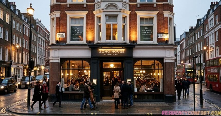 Soho House at 40 Greek Street in London, featuring historic architecture, a busy street, pedestrians, and red double-decker buses.