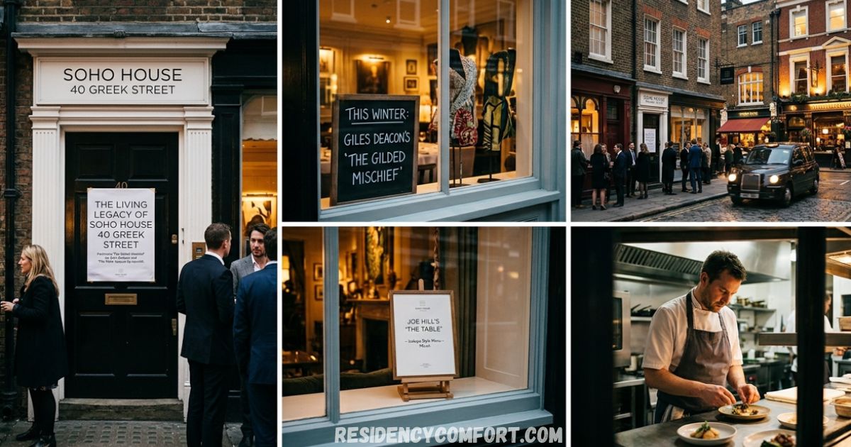 Soho House 40 Greek Street collage showing the entrance, street exterior, restaurant kitchen, and interior dining scenes.