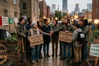 Community members standing together in a garden holding solidarity and community signs.