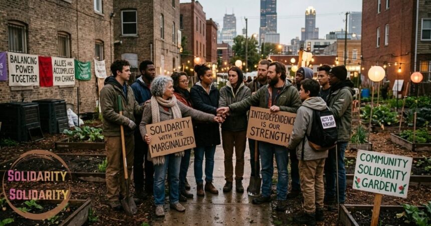 Community members standing together in a garden holding solidarity and community signs.
