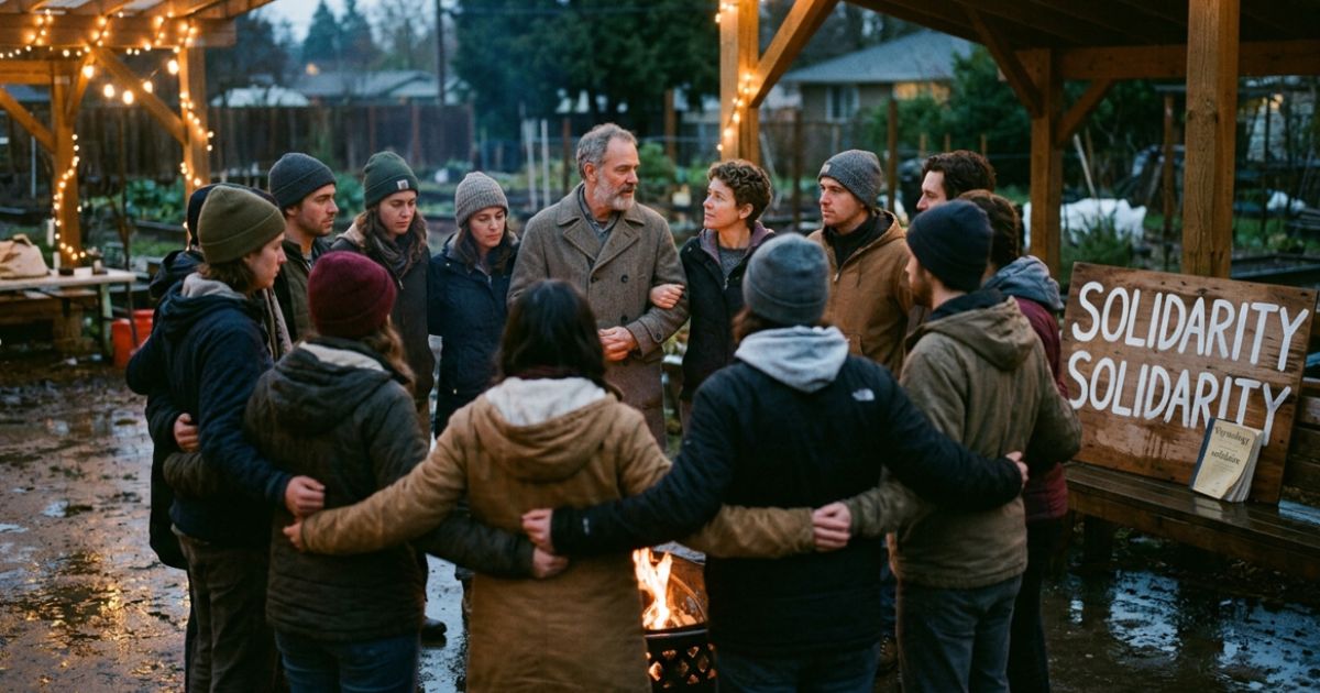 Community members standing together around a fire in a garden, symbolizing solidarity and unity.