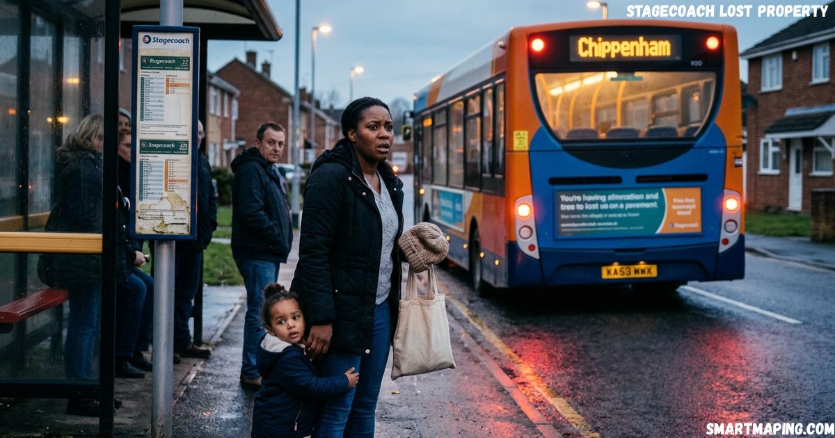 Stagecoach lost property bus service with passengers waiting at a Chippenham bus stop.
