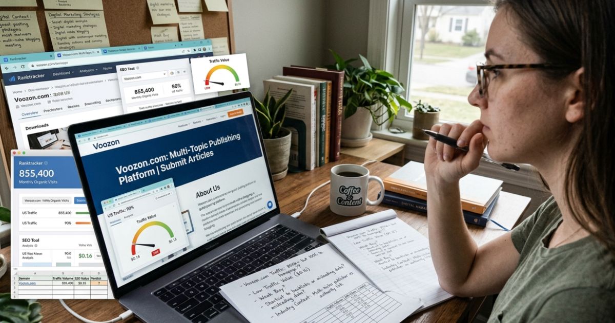 A woman with glasses holding a pen, focused on analyzing SEO traffic data for Voozon.com on multiple computer screens and handwritten notes at a organized desk workspace.