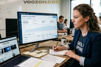 SEO professional analyzing website traffic data on a desktop monitor while taking notes beside a laptop displaying a website.