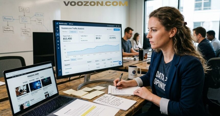 SEO professional analyzing website traffic data on a desktop monitor while taking notes beside a laptop displaying a website.