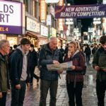 Group of travelers navigating a busy city street during a Worlds Apart Channel 4 challenge.