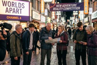 Group of travelers navigating a busy city street during a Worlds Apart Channel 4 challenge.