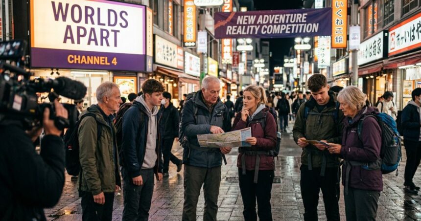 Group of travelers navigating a busy city street during a Worlds Apart Channel 4 challenge.
