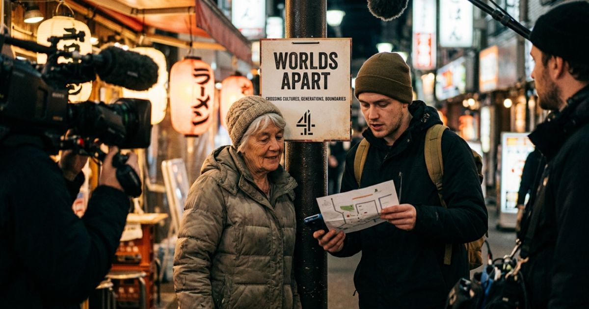 Two travelers reading a map on a busy city street during a Worlds Apart Channel 4 challenge.