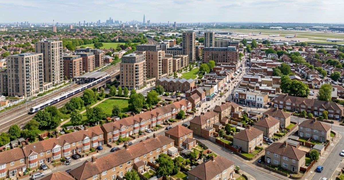 Hayes Town UK streets and local area in West London.