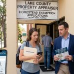 Lake County Property Appraiser office sign with a couple reviewing property tax estimates, homestead exemption information, and property assessment details.