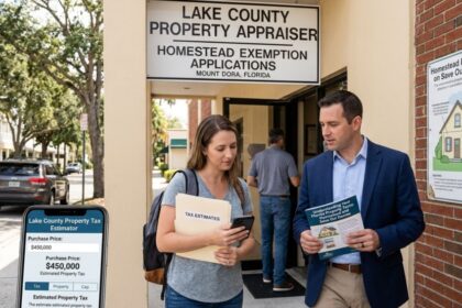 Lake County Property Appraiser office sign with a couple reviewing property tax estimates, homestead exemption information, and property assessment details.