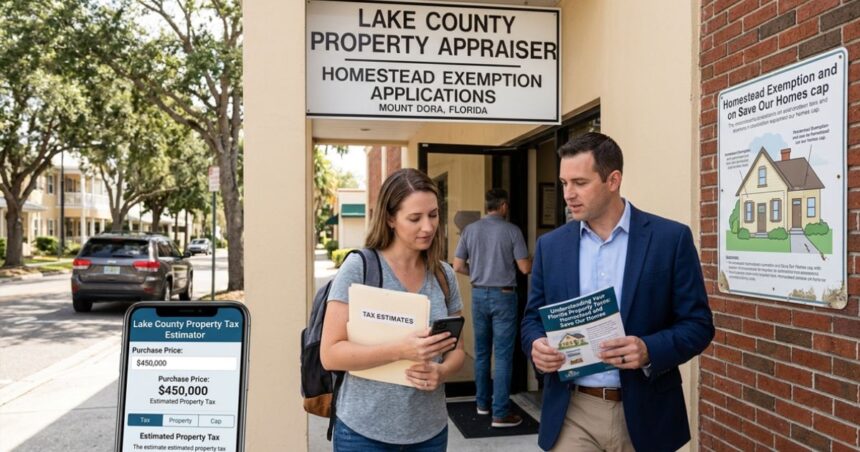 Lake County Property Appraiser office sign with a couple reviewing property tax estimates, homestead exemption information, and property assessment details.