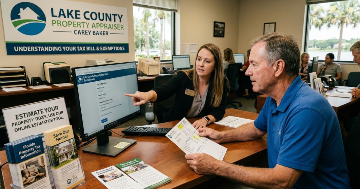 Lake County Property Appraiser office staff helping a resident understand property taxes, tax bills, and homestead exemptions.