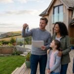 Family holding keys to their coastal holiday home, highlighting the benefits of 2nd Home Insurance for protecting a second property.