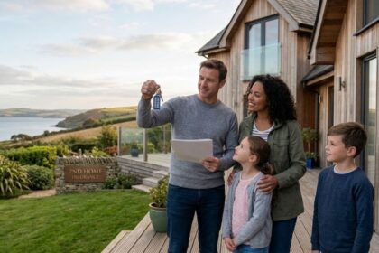 Family holding keys to their coastal holiday home, highlighting the benefits of 2nd Home Insurance for protecting a second property.