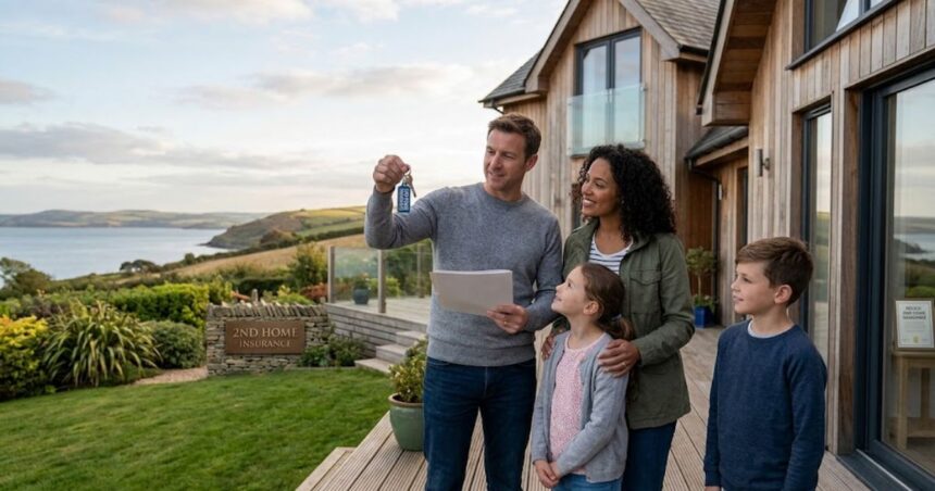 Family holding keys to their coastal holiday home, highlighting the benefits of 2nd Home Insurance for protecting a second property.