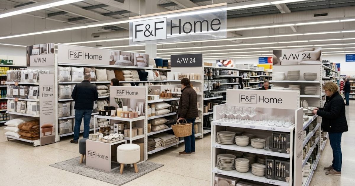 F&F Home store display featuring stylish home décor, cushions, blankets, dinnerware, glassware, and modern household accessories on retail shelves.