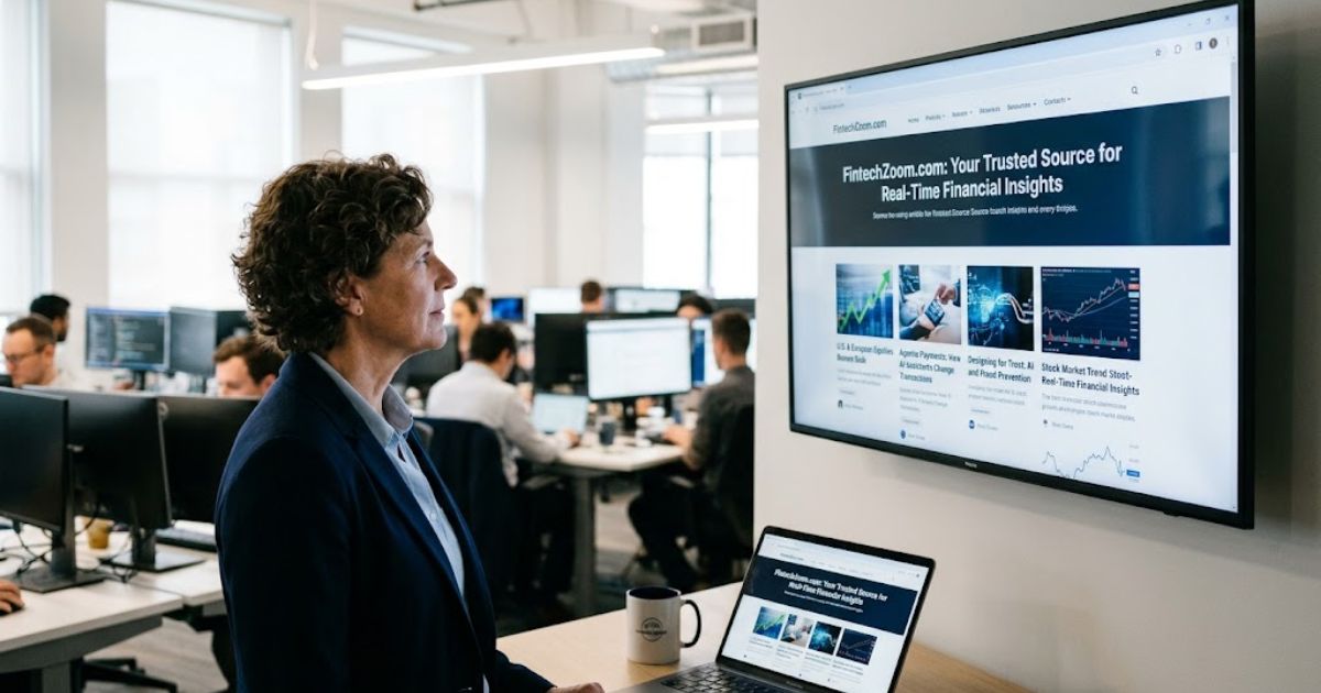 A professional woman in an office looking at a large wall-mounted screen displaying the FintechZoom.com website homepage