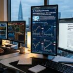 "A professional woman working at a desk with multiple monitors displaying market charts and financial news articles on FintechZoom.com.