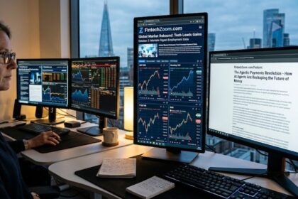 "A professional woman working at a desk with multiple monitors displaying market charts and financial news articles on FintechZoom.com.