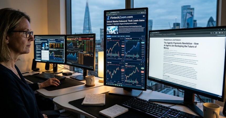 "A professional woman working at a desk with multiple monitors displaying market charts and financial news articles on FintechZoom.com.