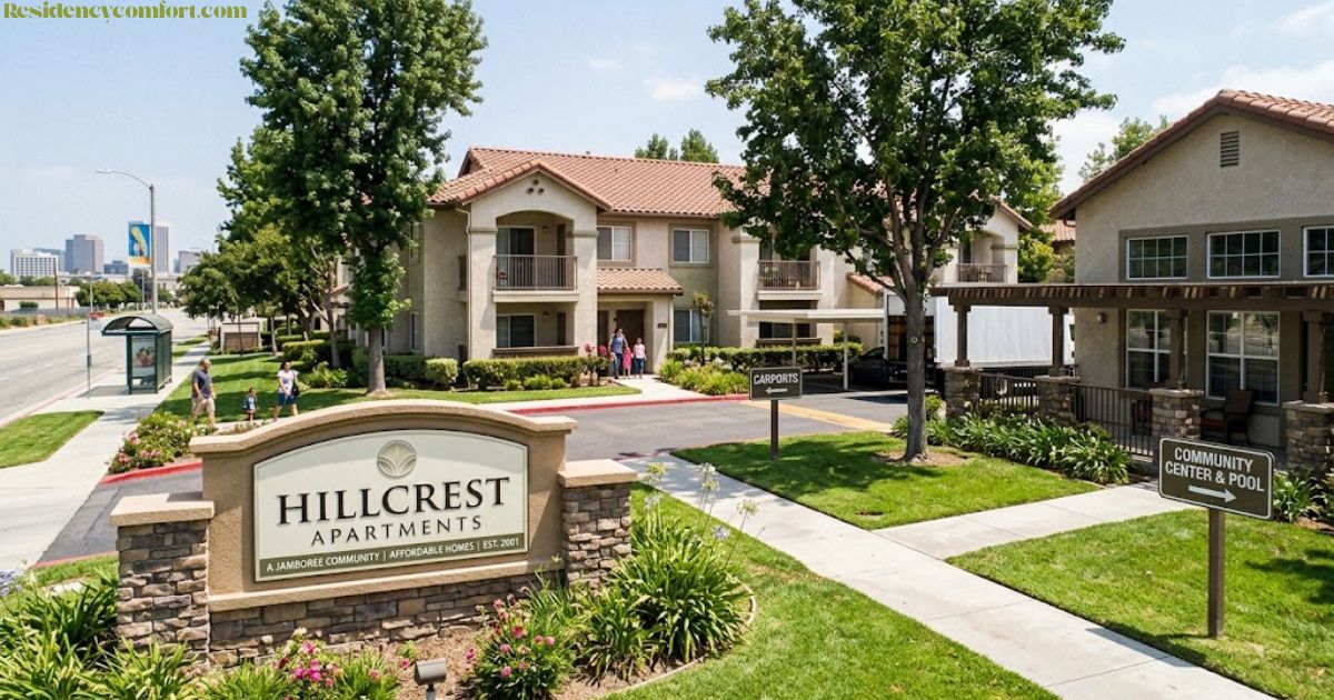 Hillcrest Apartments community with landscaped grounds, residential buildings, carports, and a community pool entrance.