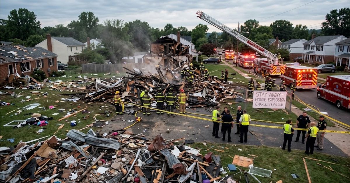 Firefighters inspecting heavy debris at the aftermath of a house explosion in Charlottesville surrounded by emergency vehicles.