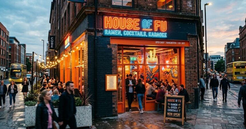 House of Fu ramen restaurant in Manchester city center with vibrant neon signage and outdoor seating.