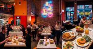 House of Fu restaurant interior with ramen dishes, colorful neon decor, and diners enjoying their meals.