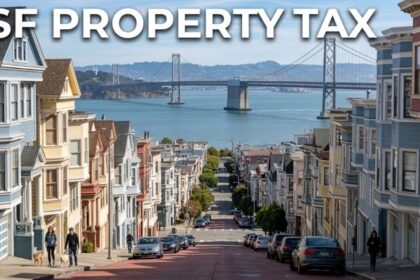 SF Property Tax title over a San Francisco residential street with colorful Victorian homes and the Bay Bridge in the background.
