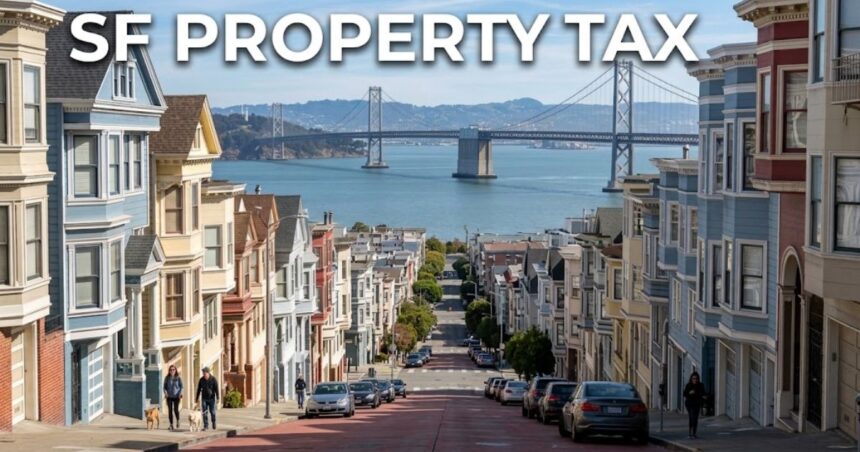 SF Property Tax title over a San Francisco residential street with colorful Victorian homes and the Bay Bridge in the background.