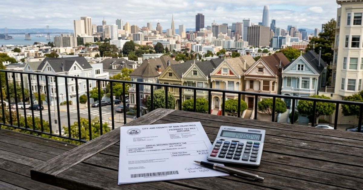 SF Property Tax bill and calculator on a table overlooking San Francisco homes and the city skyline.