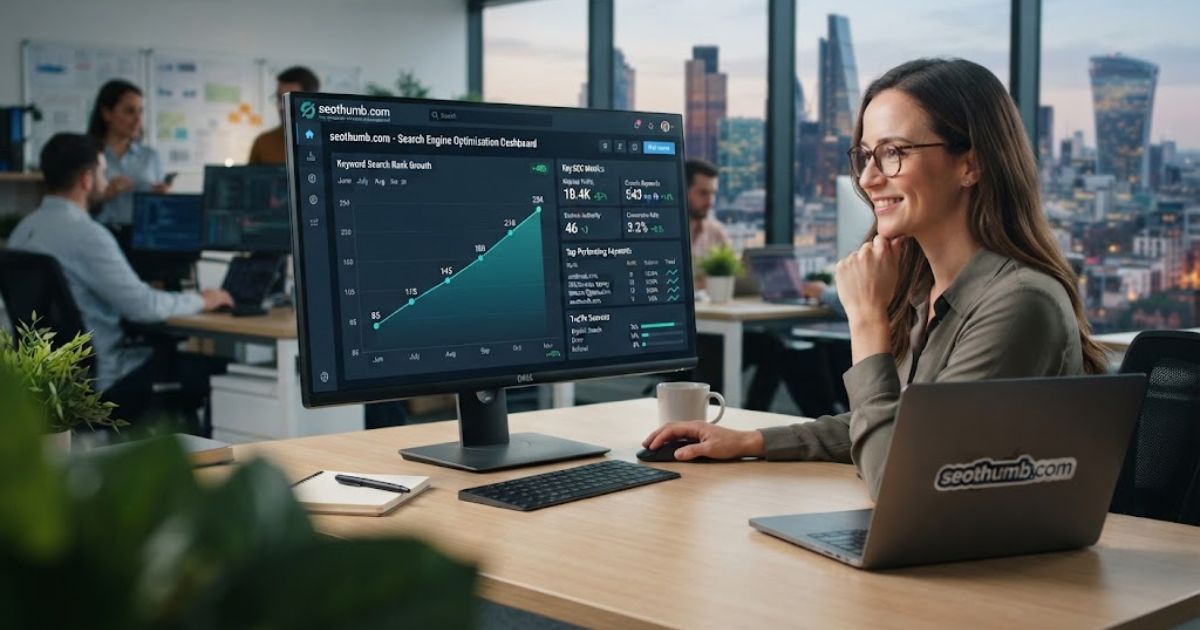 Smiling woman viewing a seothumb.com Search Engine Optimization Dashboard showing keyword search rank growth on a monitor in a modern office."