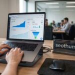 "SEO analyst using a laptop displaying growth charts and keyword rankings on a desk with a seothumb.com sign."