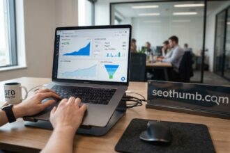 "SEO analyst using a laptop displaying growth charts and keyword rankings on a desk with a seothumb.com sign."