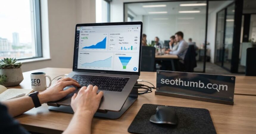 "SEO analyst using a laptop displaying growth charts and keyword rankings on a desk with a seothumb.com sign."