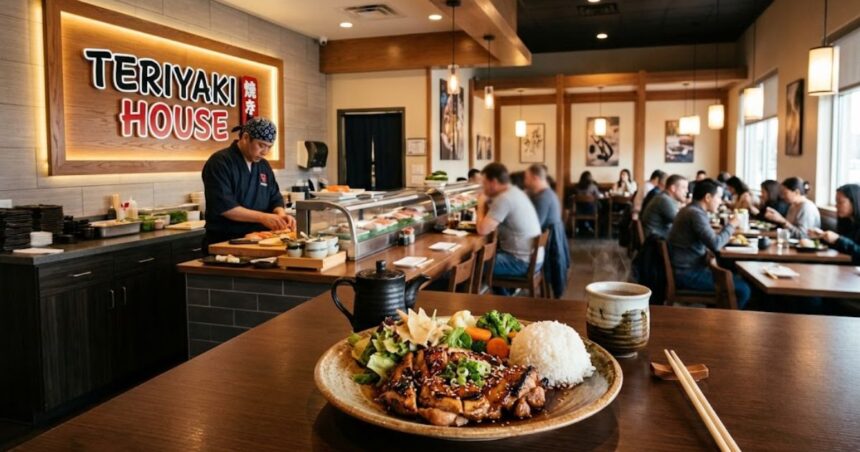 Teriyaki House restaurant interior with chef preparing a Japanese meal and a plated teriyaki chicken dish in the foreground.