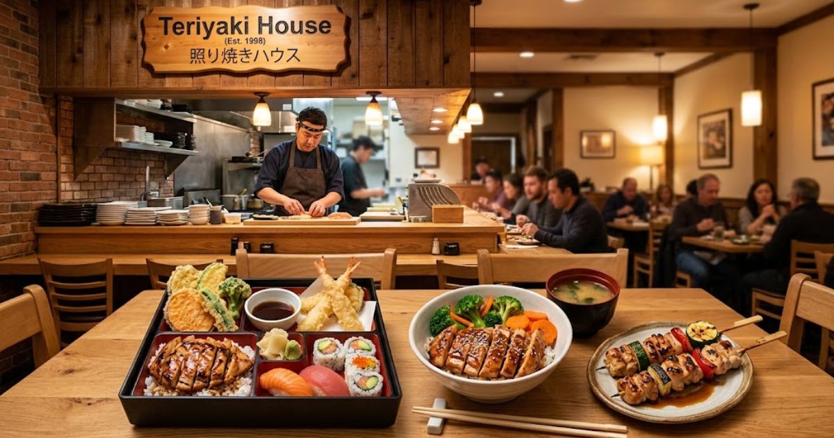 Teriyaki House restaurant interior with a chef preparing Japanese dishes, sushi, teriyaki chicken, tempura, and grilled skewers.