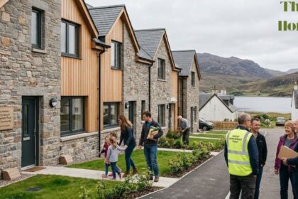 These Homes feature modern stone cottages with wooden cladding, surrounded by landscaped gardens and a scenic lakeside mountain view.
