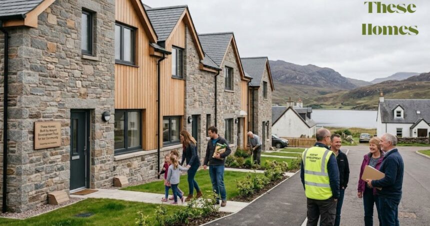 These Homes feature modern stone cottages with wooden cladding, surrounded by landscaped gardens and a scenic lakeside mountain view.