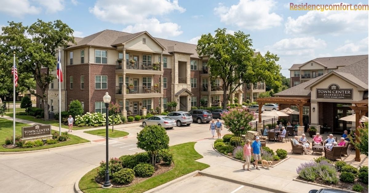 Exterior view of Town Center Apartments community showing three-story brick residential buildings, landscaped grounds, entrance sign, and residents relaxing on an outdoor patio.