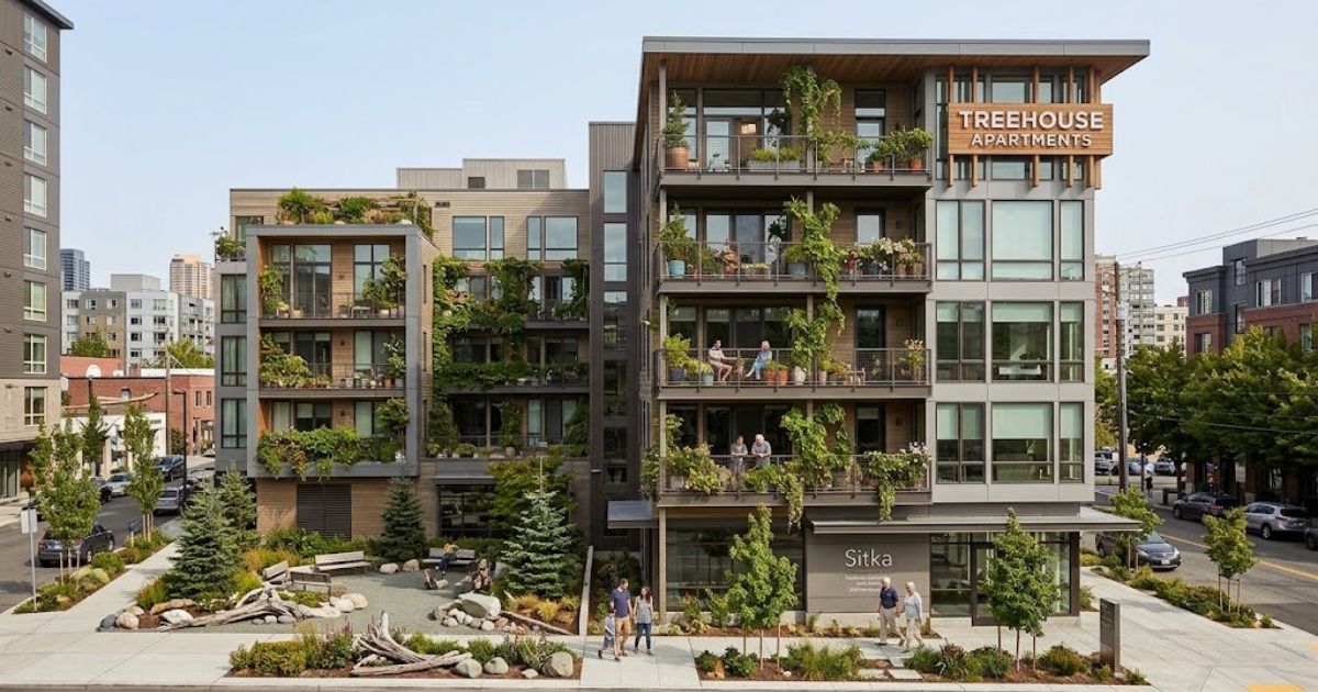 Treehouse Apartments featuring modern architecture, lush vertical gardens, spacious balconies, and contemporary urban living.