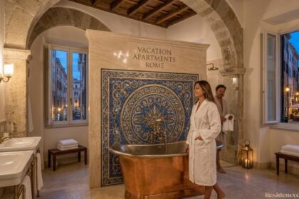 Luxury bathroom in vacation apartments Rome featuring a copper soaking tub, intricate mosaic tile wall, stone arches, and open windows overlooking a Roman street.