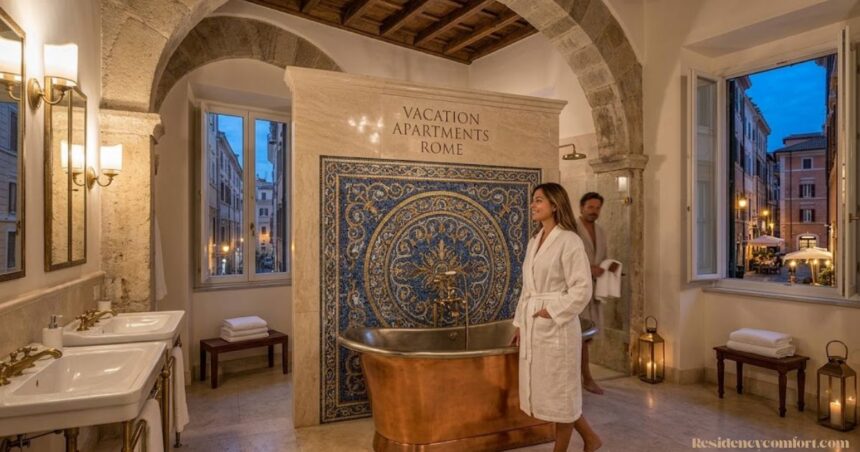 Luxury bathroom in vacation apartments Rome featuring a copper soaking tub, intricate mosaic tile wall, stone arches, and open windows overlooking a Roman street.