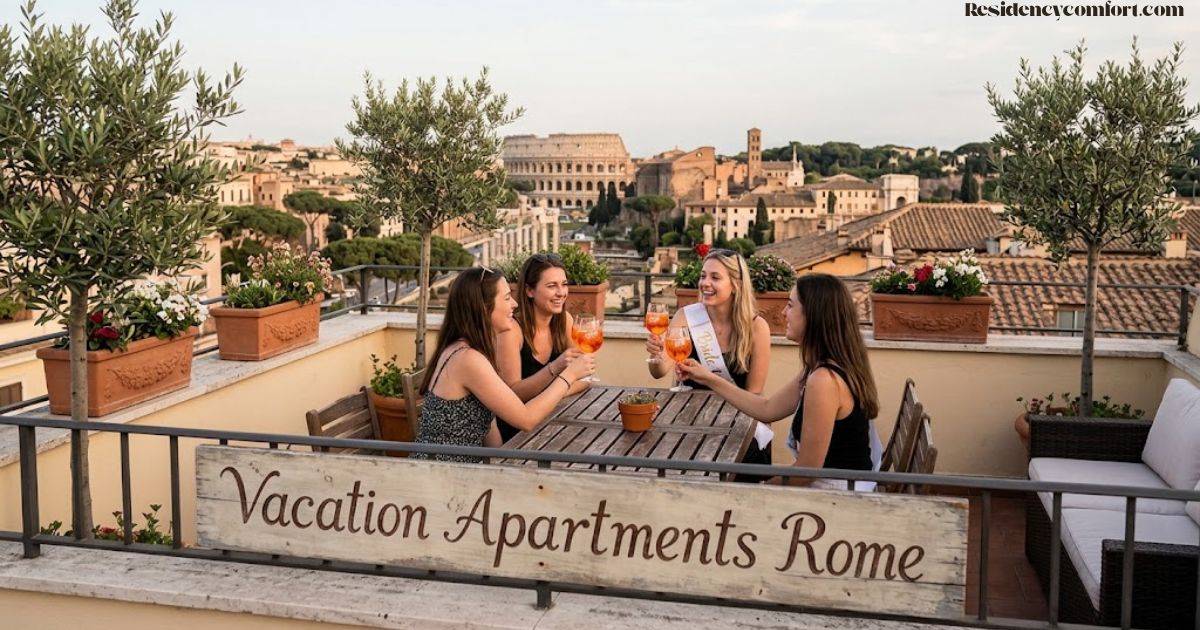 Group of friends toasting drinks on a scenic rooftop terrace overlooking the Colosseum at vacation apartments Rome.